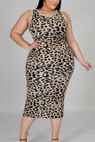 Leopard print Sexy Casual Spandex Print Leopard Vests O Neck Pencil Skirt Plus Size 