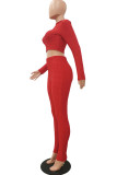 Red Fashion Casual Adult Polyester Solid Split Joint O Neck Long Sleeve Regular Sleeve Short Two Pieces