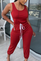 Wine Red Fashion Sexy Polyester Solid Split Joint Spaghetti Strap Regular Jumpsuits
