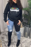 Black Casual Letter Print Patchwork O Neck Tops