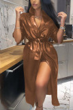 Red Fashion Street Adult Faux Leather Solid With Belt Turndown Collar Outerwear