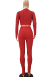 Red Fashion Casual Adult Polyester Solid Split Joint O Neck Long Sleeve Regular Sleeve Short Two Pieces