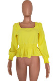 Yellow O Neck Long Sleeve Slim fit Draped Solid Long Sleeve Tops