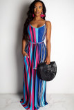 Multi-color Polyester Fashion Sexy Spaghetti Strap Sleeveless Slip A-Line Floor-Length Print Patchwork Striped