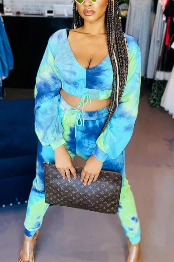Peacock Blue Fashion Casual Print Tie-dye Backless V Neck Long Sleeve Two Pieces