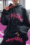 Black Street Print Patchwork Hooded Collar Tops