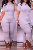 Pink Fashion Casual Solid Slit Beading Turtleneck Short Sleeve Two Pieces