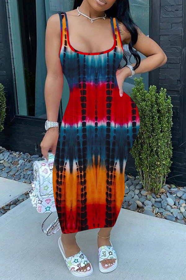 Red Sexy Print Patchwork U Neck Pencil Skirt Dresses
