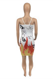 White Fashion Sexy Print Backless Spaghetti Strap Sleeveless Dress