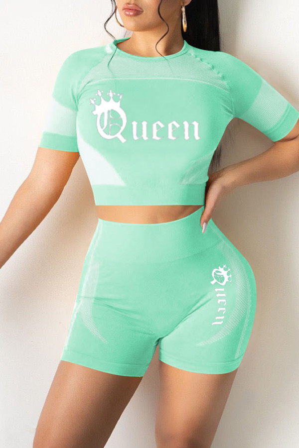 Light Green Fashion Casual Letter Print Basic O Neck Short Sleeve Two Pieces