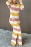 Yellow and purple Casual Polyester Spandex Milk Fiber Striped Print Slit Basic O Neck Long Sleeve Floor Length A Line Dresses