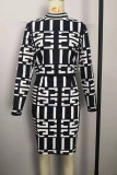 Black Work Daily Print Patchwork O Neck Long Sleeve Two Pieces