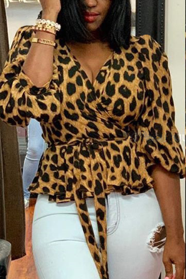 Brown Street Leopard Bandage V Neck Tops