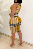 Yellow Sexy Plaid Hollowed Out Square Collar Pencil Skirt Dresses