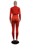 rose red Street Polyester Solid Split Joint O Neck Long Sleeve Regular Sleeve Short Two Pieces