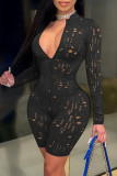 Red Fashion Sexy Solid Hollowed Out See-through Zipper Collar Skinny Romper