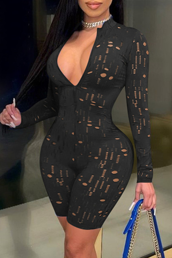 Black Fashion Sexy Solid Hollowed Out See-through Zipper Collar Skinny Romper