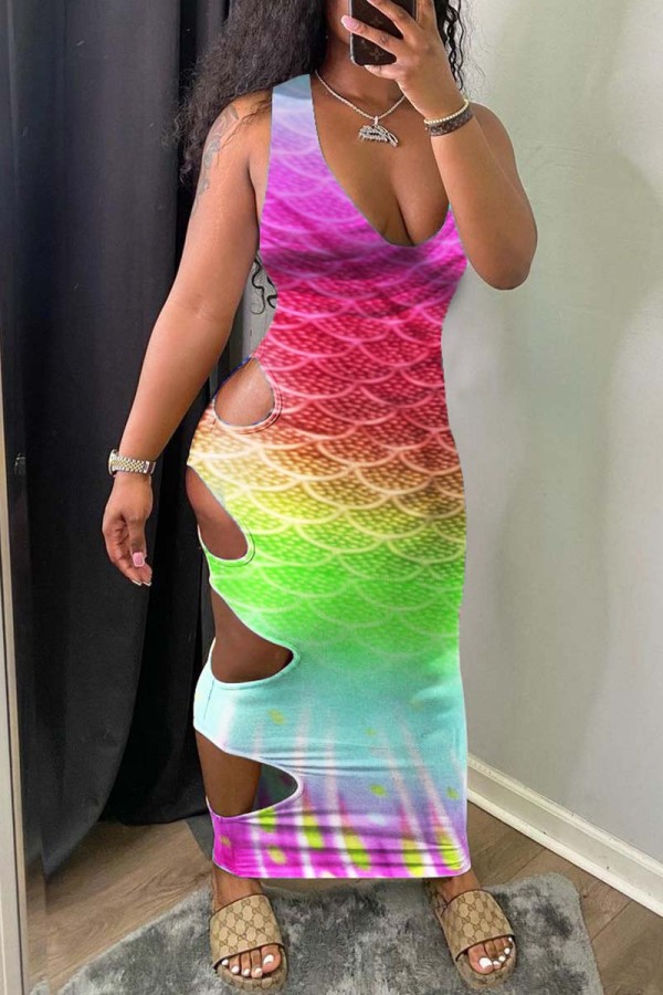 Purple Fashion Sexy Print Hollowed Out V Neck Vest Dress Dresses