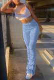 Light Blue Casual Living Solid Fold Pants Boot Cut Bottoms