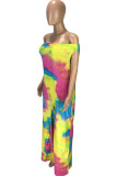 Yellow Polyester Fashion adult Ma'am Street One word collar Print Tie Dye Plus Size