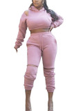 Pink Fashion Casual Adult Polyester Solid Split Joint Hooded Collar Regular Sleeve Short Two Pieces