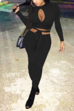 Grey Sexy Solid Hollowed Out Patchwork O Neck Long Sleeve Two Pieces
