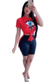 Red O Neck Short Sleeve Print Split Patchwork Tees & T-shirts
