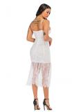 White Polyester Fashion Sexy Spaghetti Strap Sleeveless Slip Step Skirt Mid-Calf lace Mesh Patchwork Club