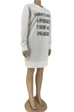 White Fashion Street Adult Polyester Letter Letter O Neck Long Sleeve Mini Long Sleeve Dress Dresses