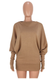 Khaki Casual Solid Patchwork O Neck Tops