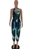 Green Sexy Fashion Backless Patchwork Print Polyester Sleeveless Slip V Neck Jumpsuits