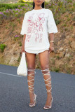White Fashion Casual Print Basic O Neck T-shirt Dress