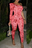 Red Sexy Print Patchwork One Shoulder Skinny Jumpsuits