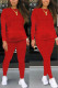 Red Fashion Casual Solid Zipper Basic O Neck Long Sleeve Two Pieces
