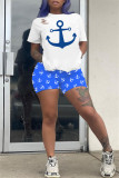 Blue Fashion Casual Print Basic O Neck Short Sleeve Two Pieces