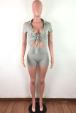 Grey Fashion Casual bandage Button Solid Polyester Short Sleeve Turndown Collar Jumpsuits