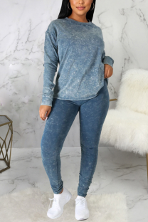 Blue Sexy Casual Solid Split Joint O Neck Long Sleeve Two Pieces