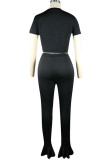 Black Polyester Fashion Sexy adult Ma'am Patchwork Solid Two Piece Suits Straight Short Sleeve Two Pieces