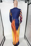 Multicolor Sexy Print Slit V Neck Long Sleeve Dresses