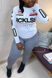 White Casual Letter Patchwork O Neck Long Sleeve Two Pieces