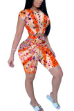 Orange Polyester Fashion Casual adult Ma'am Tie Dye Two Piece Suits HOLLOWED OUT pencil Short Sleeve Two Pieces