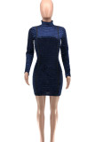 Blue Fashion Sexy Polyester Print Hollowed Out O Neck Long Sleeve Mini Pencil Skirt Dresses