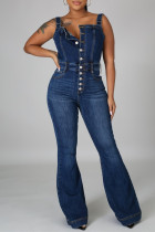 Dark Blue Fashion Casual Solid Vests Square Collar Sleeveless High Waist Jumpsuit