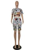 White Fashion Casual adult Patchwork Print Two Piece Suits pencil Short Sleeve Two Pieces