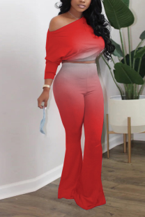 Tangerine Red Sexy Gradual Change Split Joint One Shoulder Half Sleeve Two Pieces