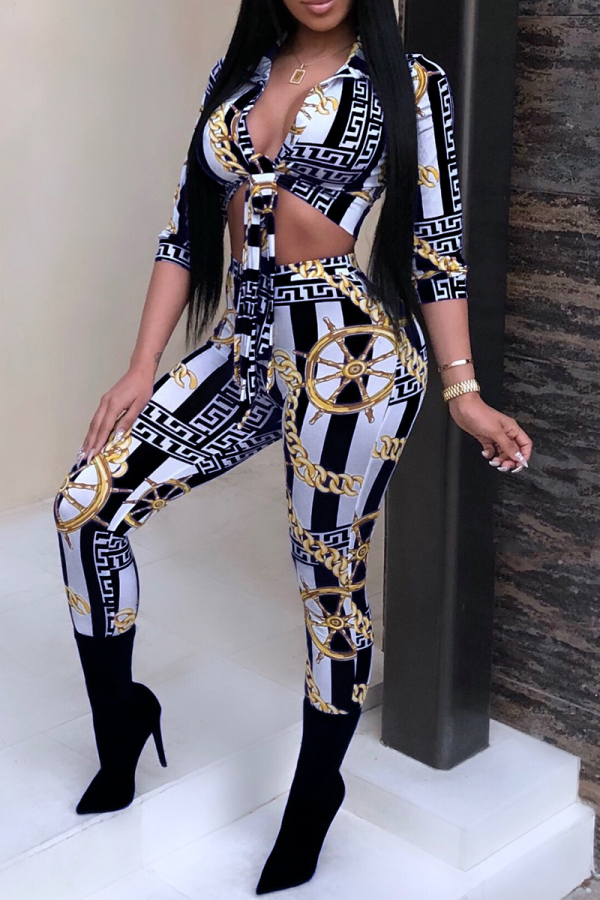 Black Sexy Print Patchwork Turndown Collar Long Sleeve Two Pieces