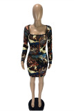 Multicolor Fashion Sexy Print Basic Square Collar Long Sleeve Dresses