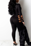 Black Sexy Solid Hollowed Out Skinny Jumpsuits