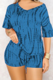 Blue Polyester Sexy Print pencil Half Sleeve Two Pieces
