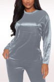Grey Casual Solid Split Joint O Neck Long Sleeve Two Pieces